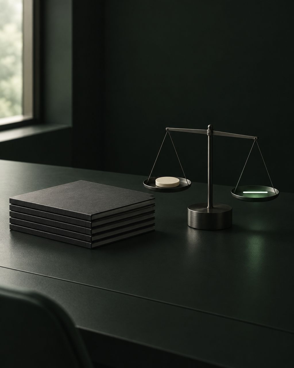 A dark ledger stack beside a balance scale with a pale disc and a mint line