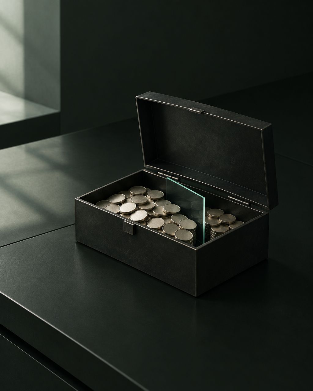 An open dark treasury box of coins with a translucent barrier holding a portion back