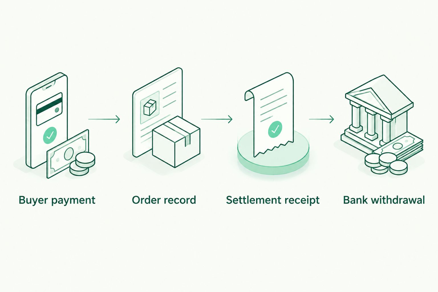 Payment migration checkpoints from buyer payment to bank withdrawal