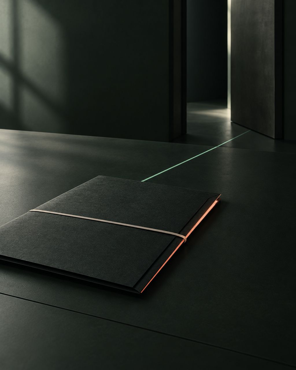 A closed dark dossier with a coral edge light and a mint line leading to an open doorway